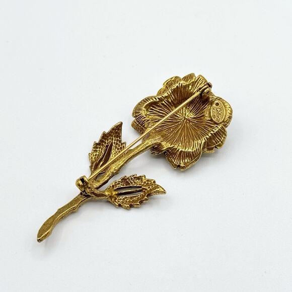 Goldette Antiqued Gold Tone Metal Rose Flower Rhinestone Pin Brooch Estate - Picture 3 of 7